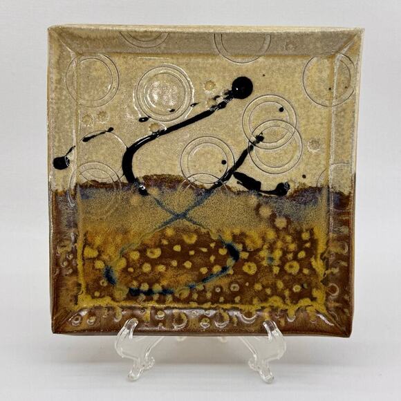 Handmade Artist Signed Art Pottery Square Plate Dish Tan Brown 7.5" Rico - Picture 1 of 7